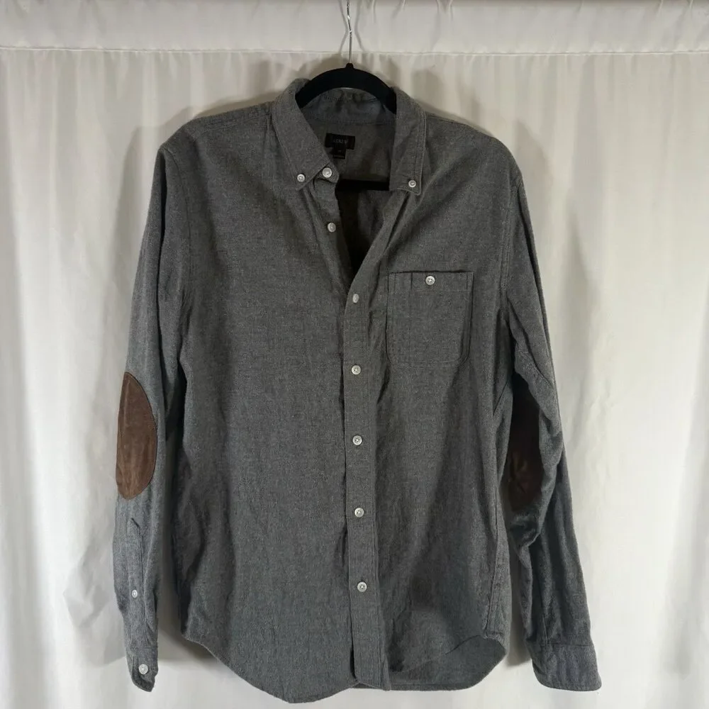 J. Crew Flannel Shirt Men's Medium Blue Grey Wool Blend Elbow Pads Long Sleeve
